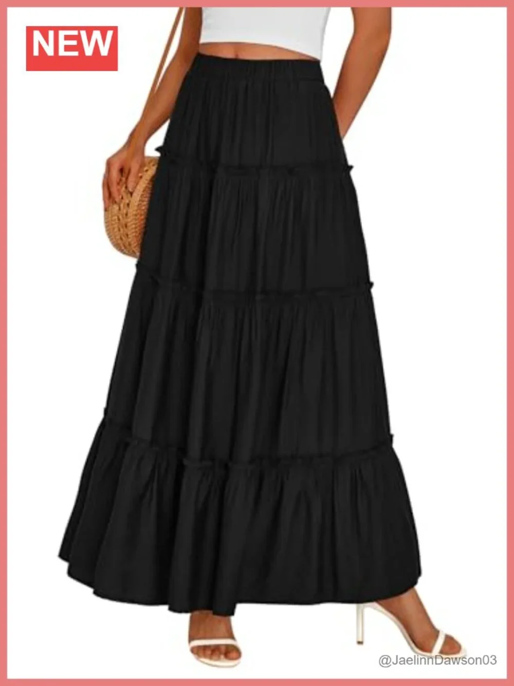 Flowy Maxi Skirt Tiered Ruffle, Elastic Waist Side Pockets Boho